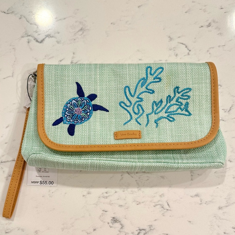 Sold-Embroidered Sea Turtle Fold-Over Clutch - Mint - Picture 2 of 7